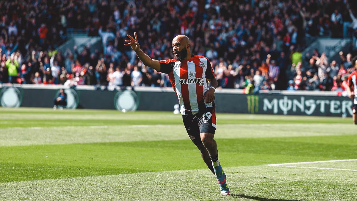 Bryan Mbeumo celebrating a goal for Brentford in the Premier League