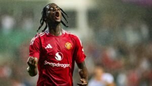 Ayden Heaven celebrating his goal for Manchester United during the club's post-season tour