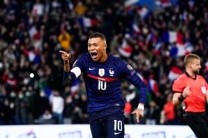 Kylian MBAPPE of France celebrates his second goal during the 2022 FIFA World Cup Qualifier match between France and Kazakhstan at Parc des Princes on November 13, 2019 in Paris, France.