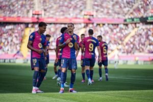 Barcelona players celebrating a goal in La Liga