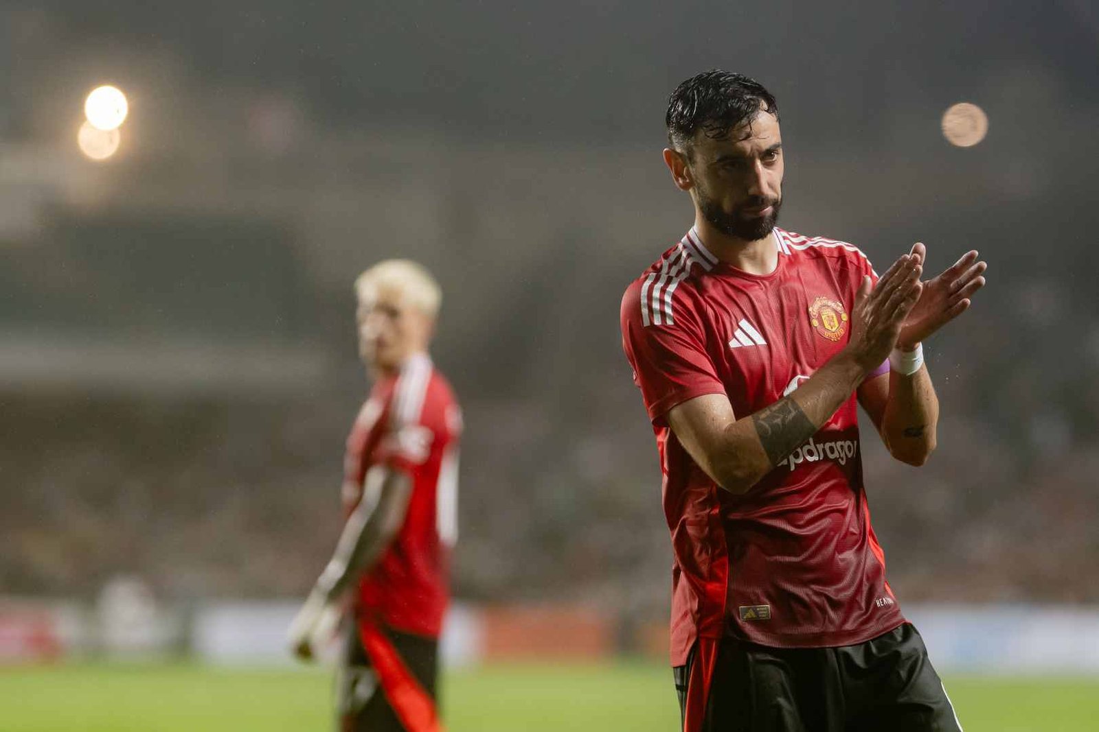 Manchester United players Bruno Fernandes and Alejandro Garnacho during post-season tour in Hong Kong