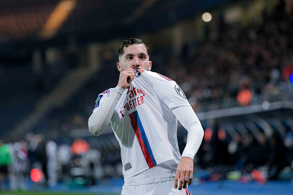 Rayan Cherki celebrating a goal for Lyon in the Ligue 1