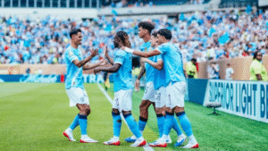 Manchester City celebrating goal against Wydad in the Club World Cup