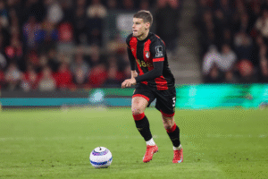 Milos Kerkez in action for Bournemouth in the Premier League