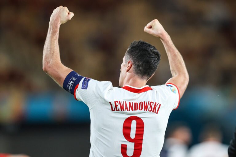Robert Lewandowski celebrating a goal for Poland