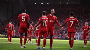 Liverpool players celebrating a goal at Anfield in the Premier League