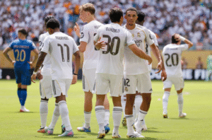 Real Madrid players celebrating a goal against Al-Hilal