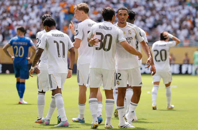 Real Madrid players celebrating a goal against Al-Hilal