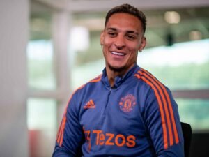 Antony giving an interview in Manchester United kit