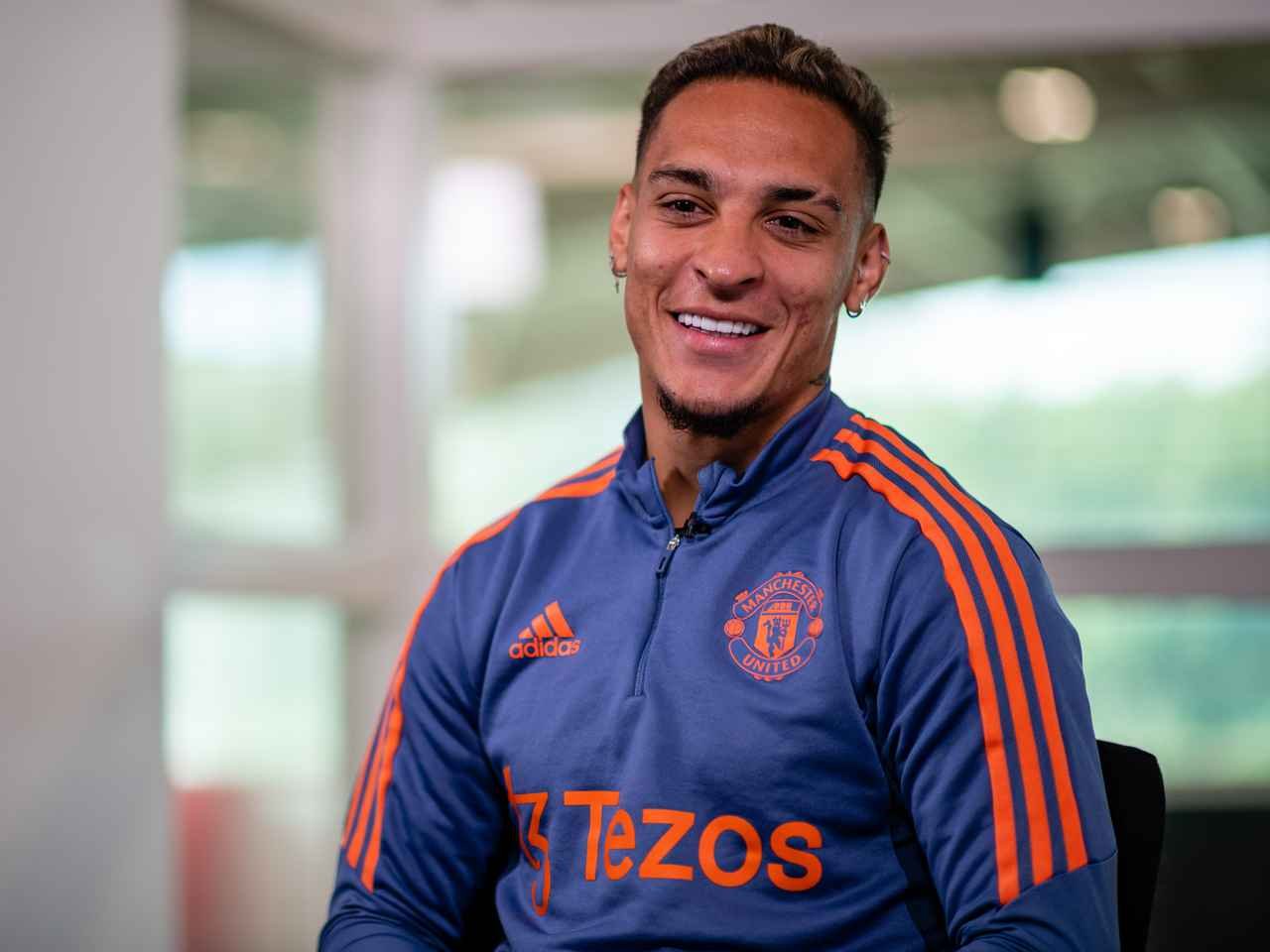 Antony giving an interview in Manchester United kit