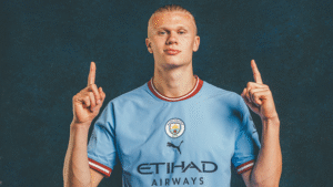 Manchester City forward Erling Haaland wearing the club's Puma kit