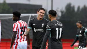 Darwin Nunez celebrating with Mohamed Salah during Liverpool friendly against Stoke City