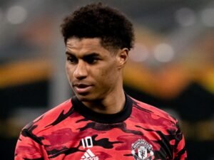 Marcus Rashford of Manchester United warms up prior to the UEFA Europa League Round of 16 Second Leg match between AC Milan and Manchester United at San Siro on March 18, 2021 in Milan, Italy. Sporting stadiums around Europe remain under strict restrictions due to the Coronavirus Pandemic as Government social distancing laws prohibit fans inside venues resulting in games being played behind closed doors.