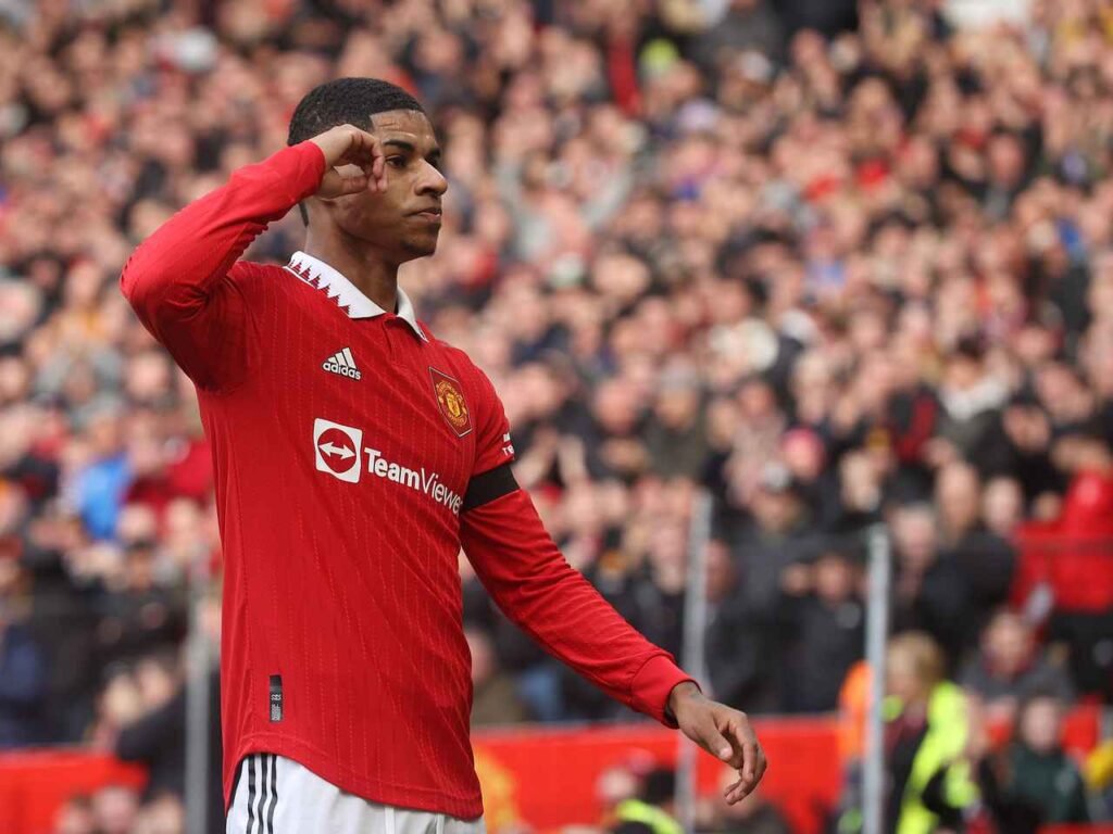 Marcus Rasfhord celebrating a goal for Manchester United