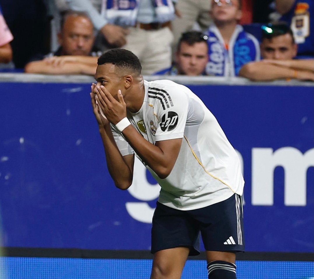 Kylian Mbappe celebrating goal for Real Madrid against Real Oviedo