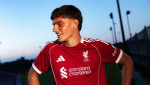 Giovanni Leoni posing in Liverpool shirt