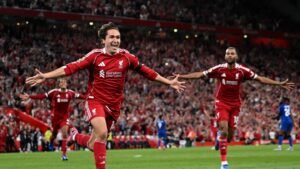 Federico Chiesa celebrating his late winner for Liverpool against Bournemouth.