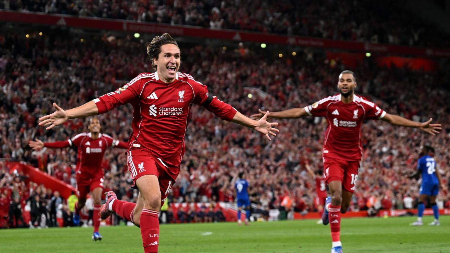 Federico Chiesa celebrating his late winner for Liverpool against Bournemouth.