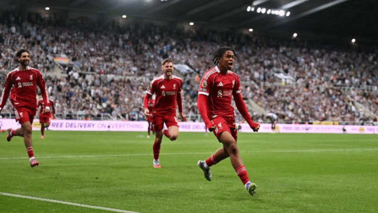 Rio Ngumoha celebrating goal for Liverpool