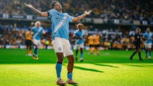Tijjani Reijnders celebrating a goal for Manchester City against Wolves in the Premier League