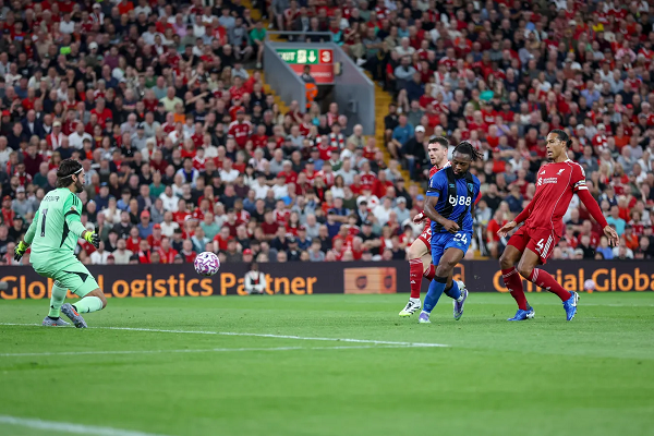 Antoine Semenyo dispatching a chance to half Liverpool's lead