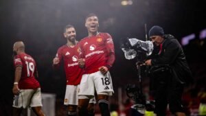 Bruno Fernandes and Casemiro celebrating as the latter puts Manchester United 2-0 up against Chelsea in the Premier League