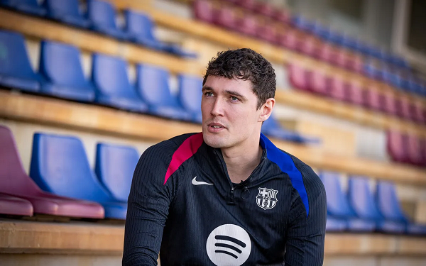 Barcelona defender Andreas Christensen in an interview in the stands of Camp Nou