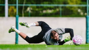 Gianluigi Donnarumma diving during Manchester City training
