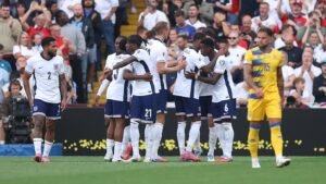 Noni Madueke and teammates of England celebrate after Christian Garcia of Andorra (not pictured) scores his team's goal during the FIFA World Cup 2026 qualifier match between England and Andorra at Villa Park on September 06, 2025 in Birmingham, England.