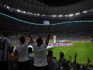 Fans celebrating inside a stadium for the World Cup quarter-final match between the Netherlands and Argentina