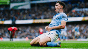Phil Foden celebrating his derby goal for Manchester City against Manchester United