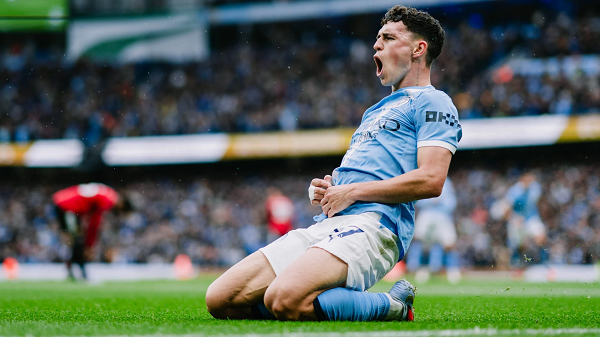 Phil Foden celebrating his derby goal for Manchester City against Manchester United