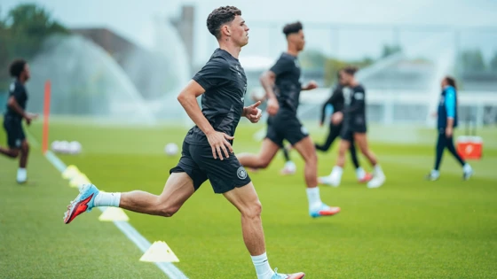 Manchester City forward Phil Foden running during a training session