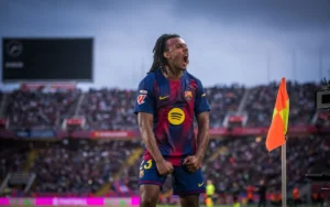 Barcelona defender Jules Kounde celebrating goal against Real Sociedad