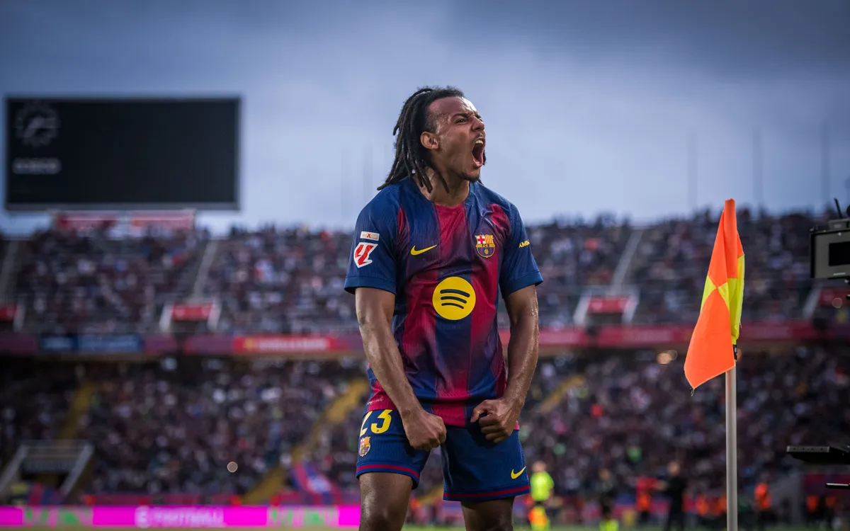 Barcelona defender Jules Kounde celebrating goal against Real Sociedad