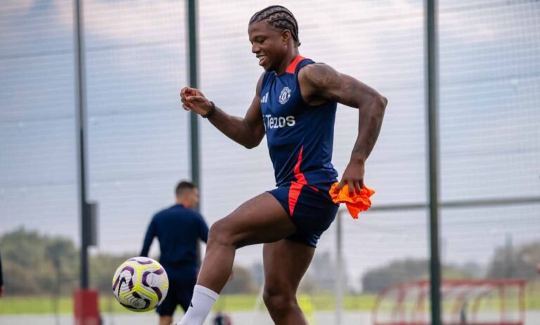 Manchester United defender Tyrell Malacia working at the training ground