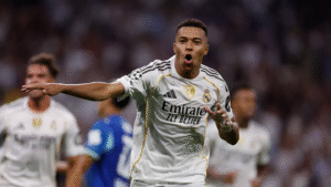 Real Madrid forward Kylian Mbappe celebrating his goal against Marseille