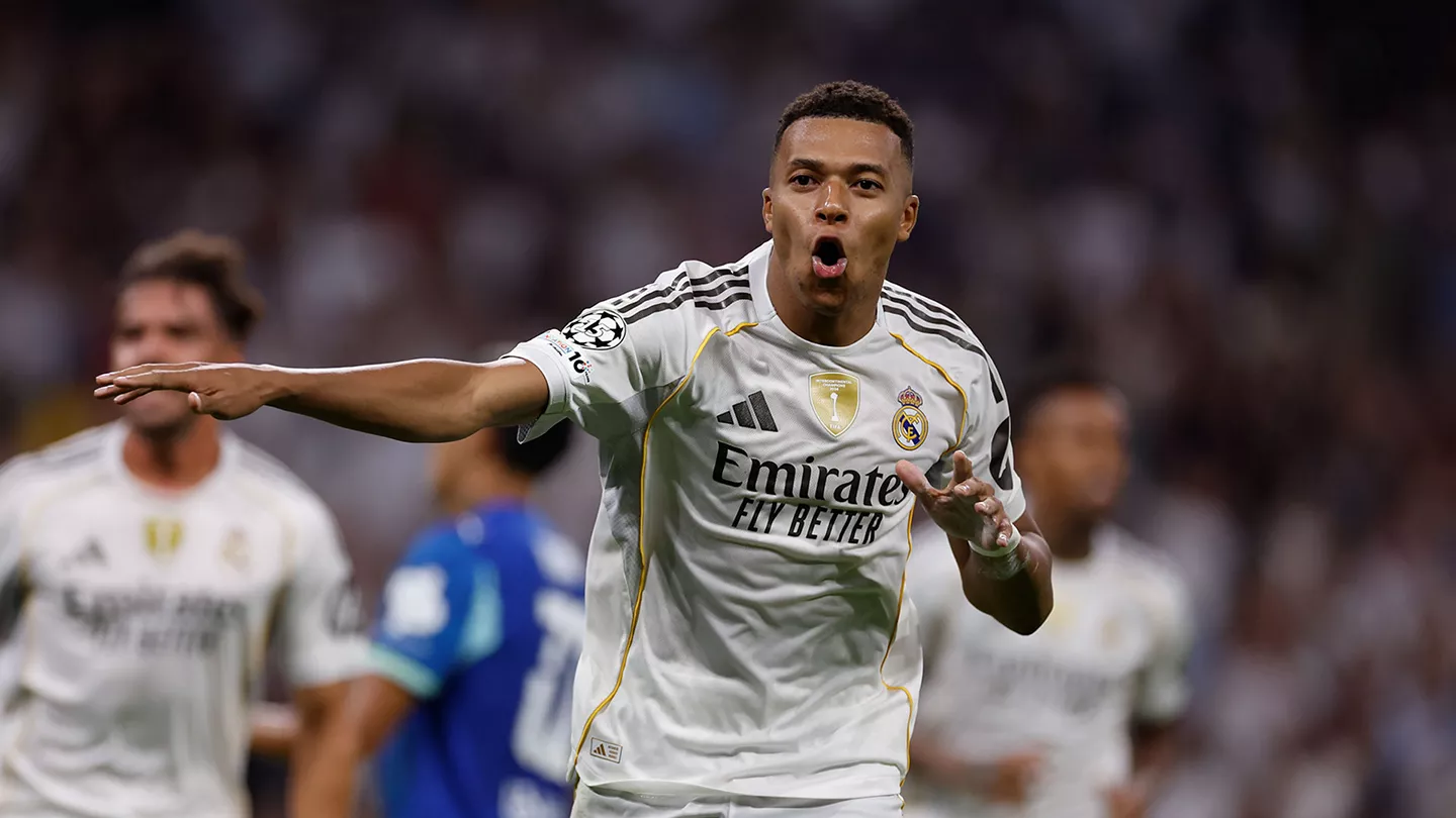 Real Madrid forward Kylian Mbappe celebrating his goal against Marseille