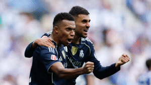 Kylian Mbappe and Dani Ceballos celebrating a goal for Real Madrid