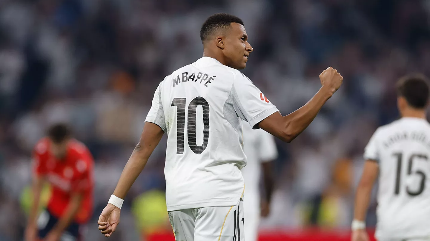 Kylian Mbappe celebrating a goal for Real Madrid in La Liga