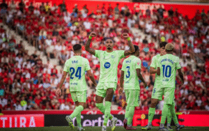 Raphinha celebrating his goal for Barcelona against Real Mallorca in La Liga