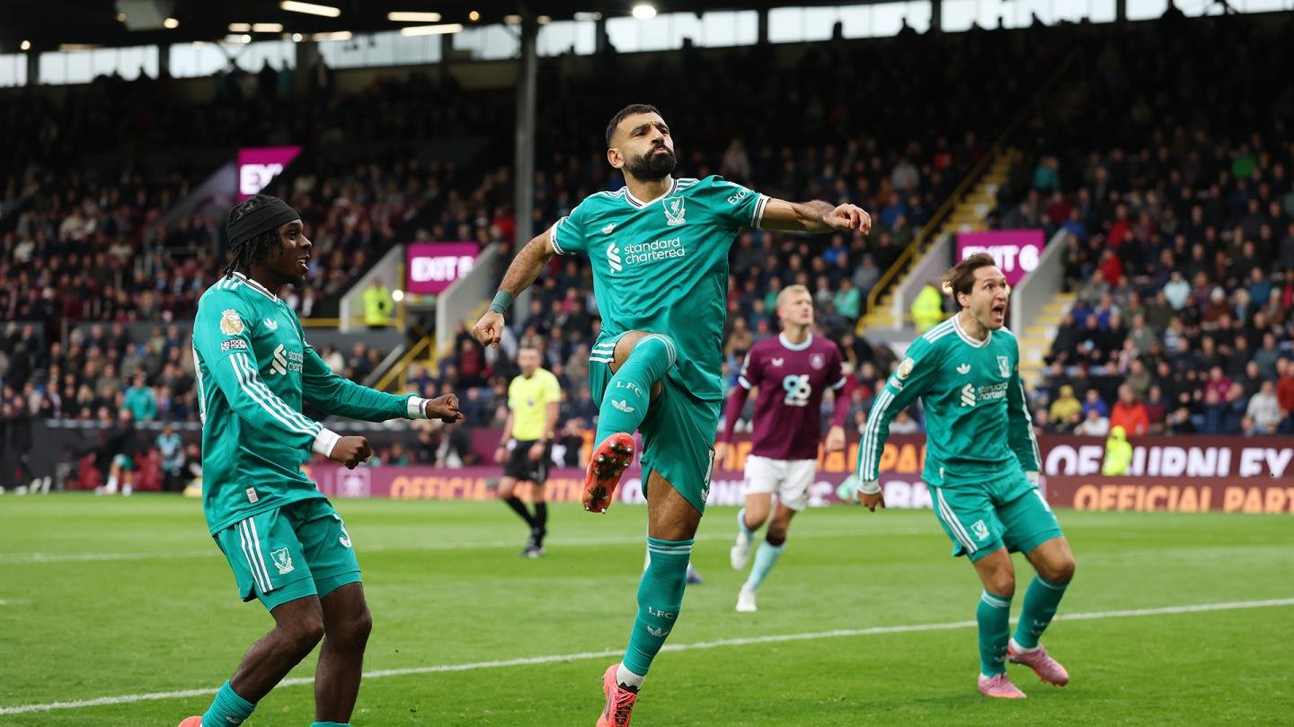 Mohamed Salah celebrating his late penalty win for Liverpool against Burnley