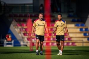 Thiago Alcantara and Hansi Flick at the Barcelona training ground Ciutat Esportiva Joan Gamper