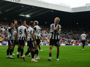 Nick Woltemade celebrating his debut goal for Newcastle
