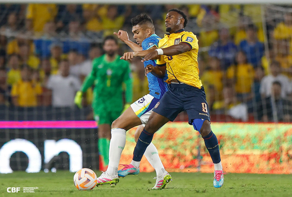 Casemiro in action for Brazil against Ecuador.
