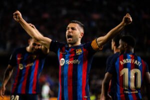 Jordi Alba celebrating in a Barcelona jersey