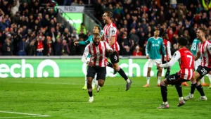 Brentford striker Igor Thiago celebrating his goal against Liverpool