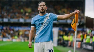Rayan Cherki celebrating a goal for Manchester City against Wolves in the Premier League