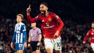 Matheus Cunha celebrating his first goal for Manchester United against Brighton