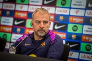 Barcelona coach Hansi Flick in a press conference ahead of the La Liga game against Girona
